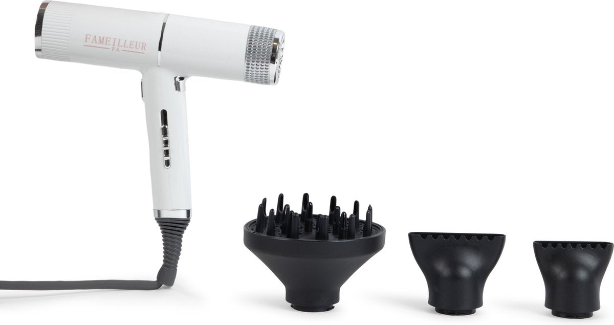 Fameilleur Le Soin White Edition – Professionele Witte Föhn met Diffuser & 2 Opzetstukken – Luxe Haardroger voor Mannen & Vrouwen – 2000W – Stil & Lichtgewicht – Voor Elk Haartype